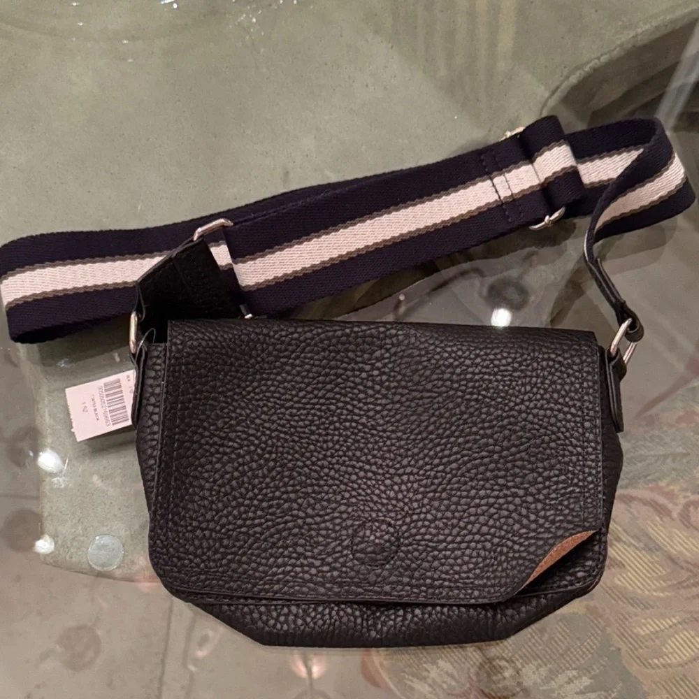 Barneys New York Black Pebbled Leather Messenger Bag with Striped Strap